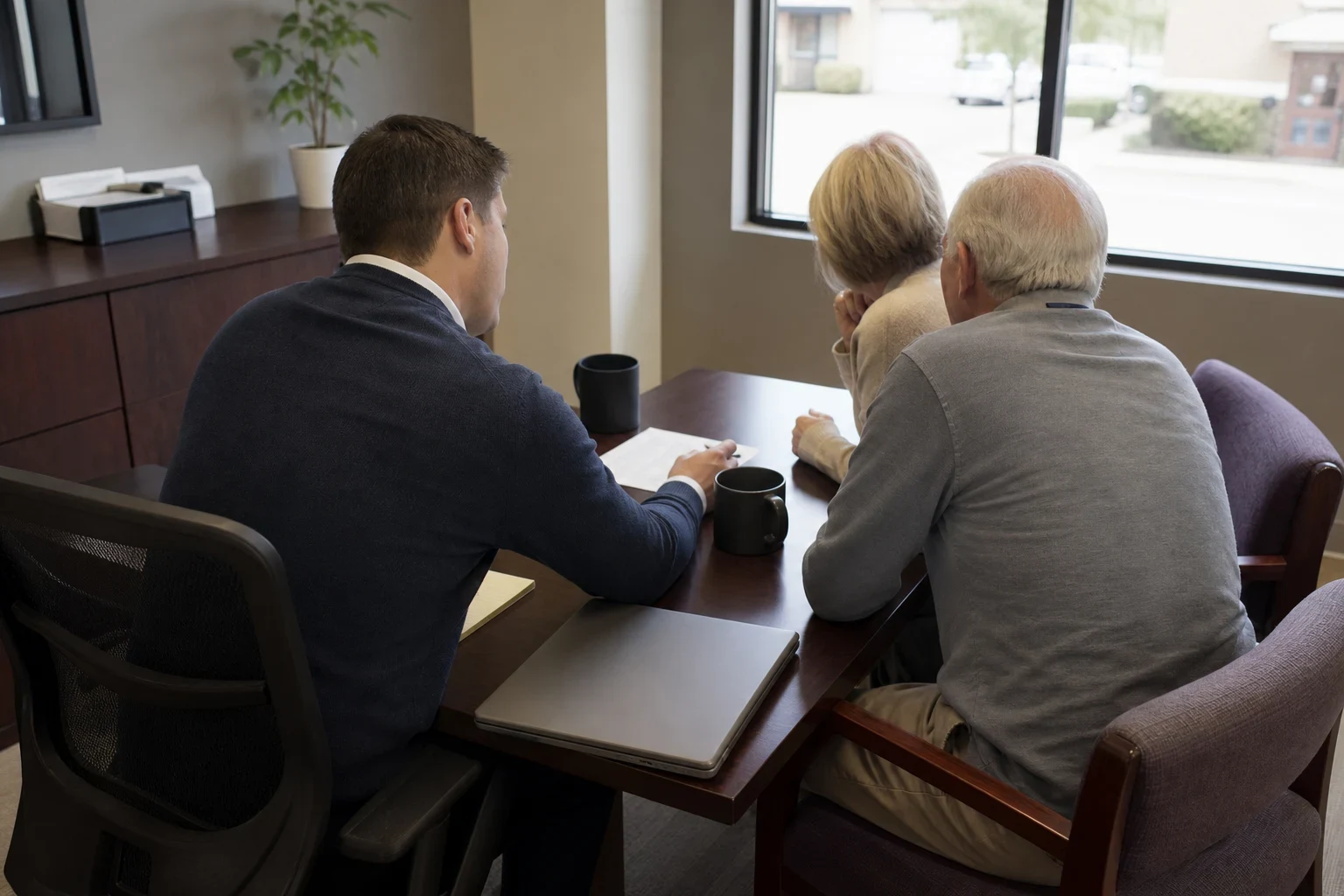 Agent in a navy sweater reviewing a paper with an older couple at a wooden office desk with coffee mugs and a closed laptop, daylight window beyond