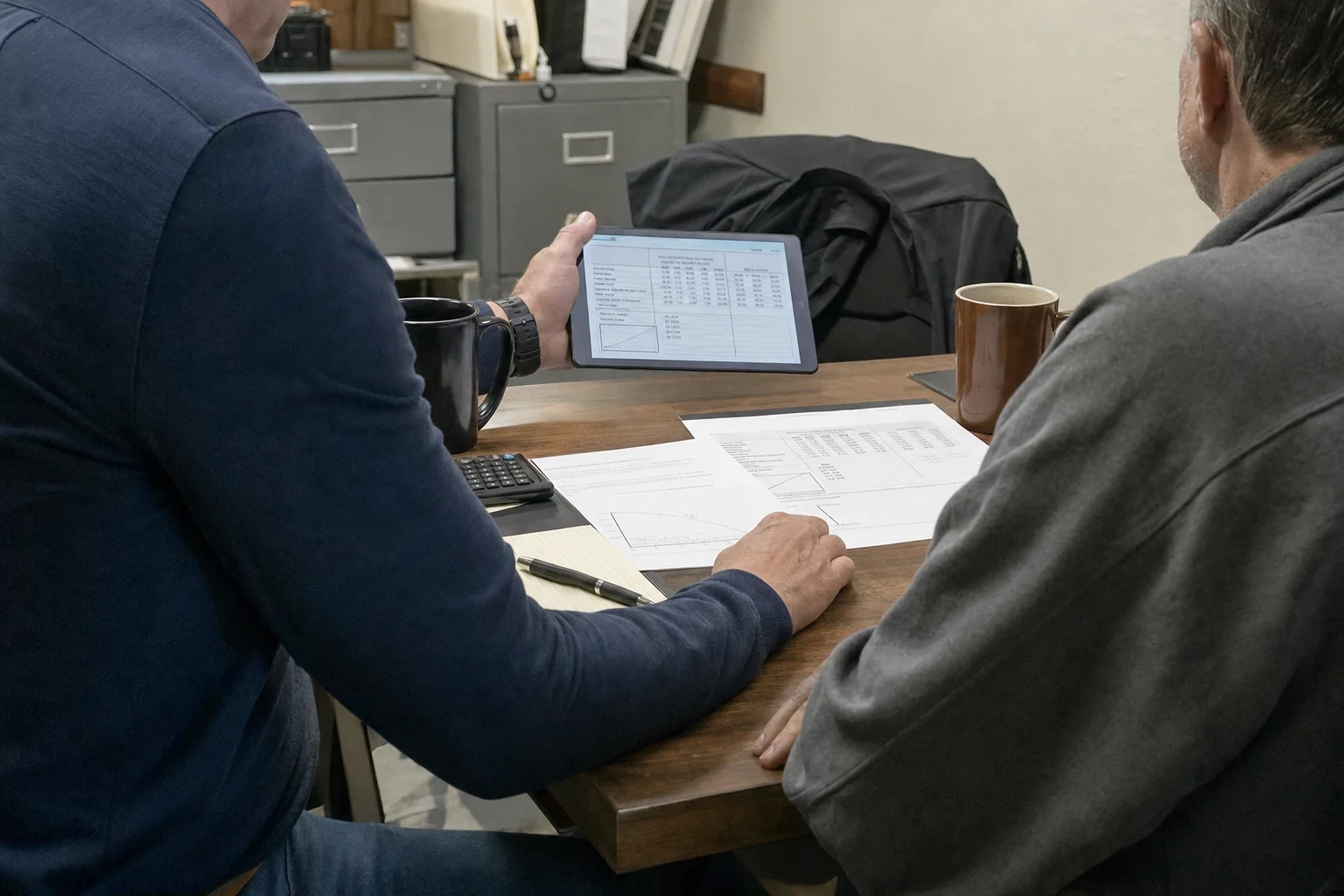 Two men at a wooden table in a back office with gray filing cabinets, one holding a tablet showing a rate table beside printed charts, a calculator and coffee mugs